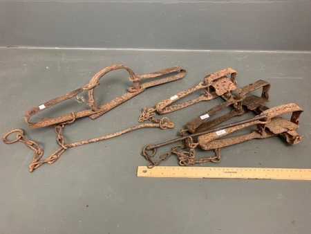 Vintage Dog Trap + 3 Vintage Rabbit Traps For Restoration