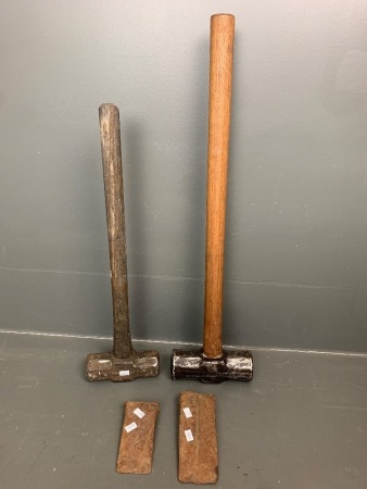 2 x Vintage Sledge Hammers + 2 Steel Wedges