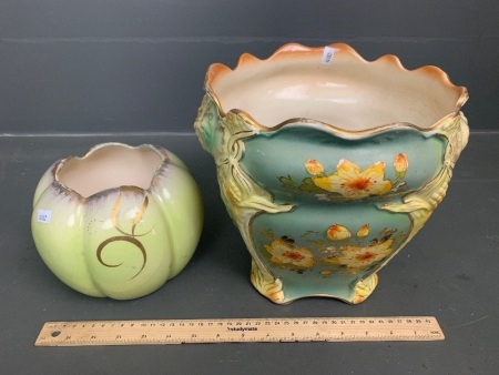 Large Antique Victorian Hand Painted Majolica Style Planter from Burgess & Leigh - Some Wear + Vintage Pates Pottery Lustre Glazed Bowl