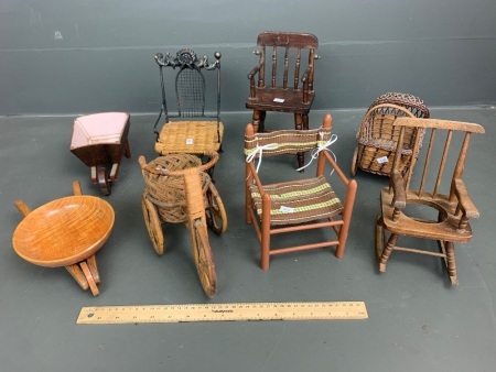 Box of Asstd Timber and Cane Miniature Chairs, Barrows, Pram, Trike etc