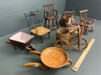 Box of Asstd Timber and Cane Miniature Chairs, Barrows, Pram, Trike etc - 3