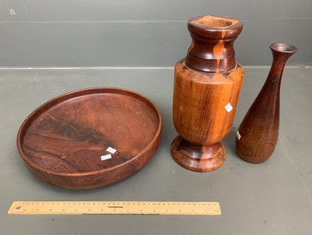 Vintage Red Cedar Lazy Susan Bowl + 2 Turned Timber Vases