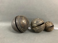 3 Ancient Round Bronze Animal Bells - 2