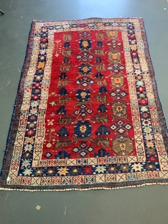 Vintage Hand Knotted Wool Turkish Rug in Red & Blues