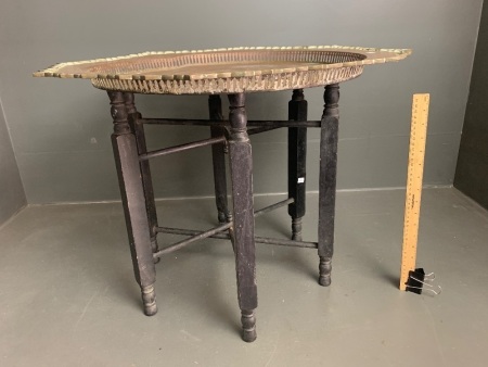 Large Vintage Incised and Galleried Brass Chinese Travelling Tea Table with Fold Out TImber Stand