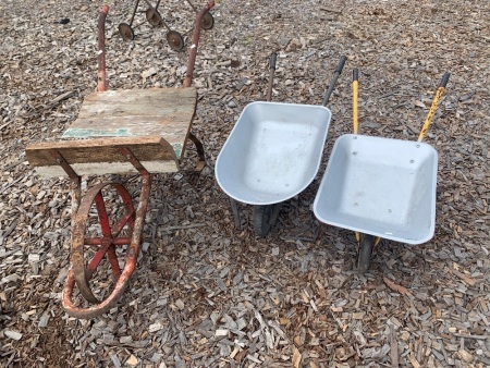 Vintage Timber and Steel Barrow/Cart + 2 Vintage Childs Barrows