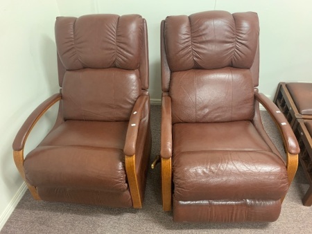 Pair of Brown Leather and Steamed Timber Reclining Chairs