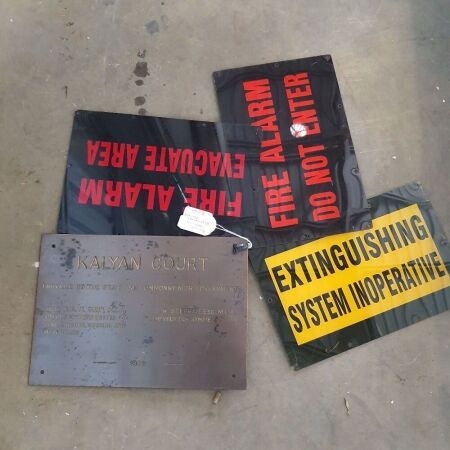 3 X PERSPEX WARNING SIGNS + 1 VINTAGE INCISED BRASS DOOR PLATE KALYAN COURT