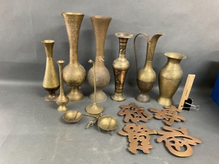 Collection of brass vases , pot stands and scales