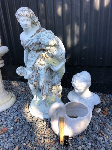 Concrete Mother with Children Staue, Bust & Swan Planter