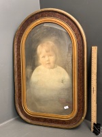 Antique Edwardian Hand Tinted Photo Portrait in Timber Arch Framed with Concave Glass