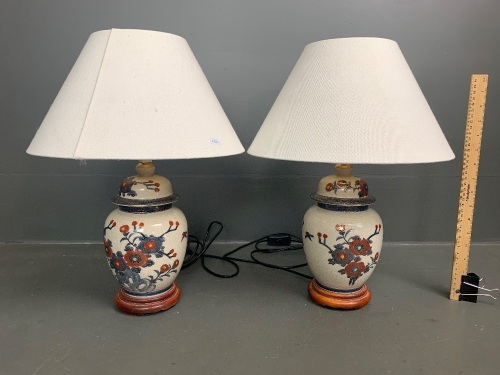 Pair of Hand Painted Chinese Ginger Jar Lamps on Wooden Bases with New Linen Shades