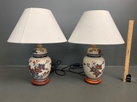 Pair of Hand Painted Chinese Ginger Jar Lamps on Wooden Bases with New Linen Shades