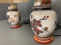 Pair of Hand Painted Chinese Ginger Jar Lamps on Wooden Bases with New Linen Shades - 2