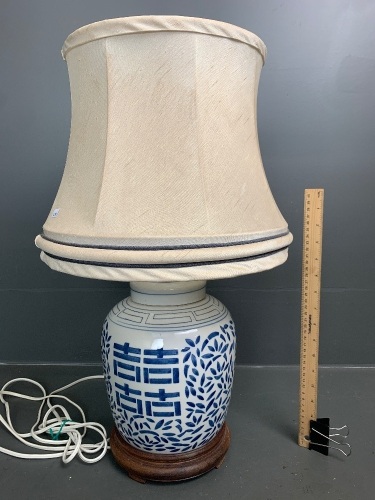 Large Blue and White Chinese Ginger Jar Lamp on Timber Base