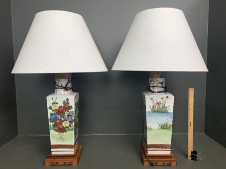 Pair of Vintage XL Hand Painted Peacock Vase Lamps on Timber Bases with New Linen Shades