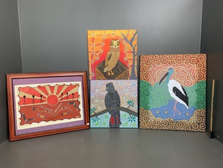 Timber Framed Aboriginal Art on Canvas Signed L.Clermont 2000 + 3 Stretched Canvas Bird Artworks by D.Hazard