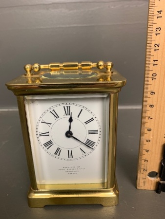 Vintage French Made Brass Carriage Clock with Bevelled Glass All Round - Enamel Dial - Examined by John Barker & Co Ltd, Kensington, London - No Key