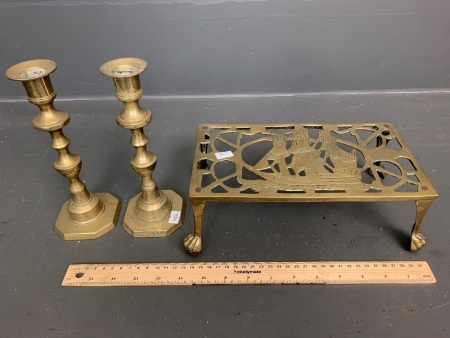 Antique Victorian Brass Fireside Trivet of Saling Ship Design + Pair of Vintage Brass Candlesticks