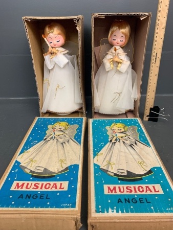 2 Vintage Japanese Revolving Musical Angels in Original Boxes c1960's