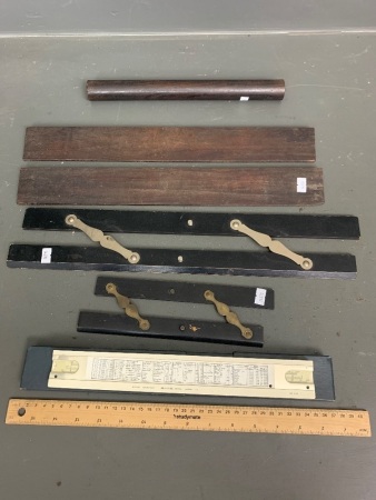 Vintage Large and Small Parallel Rules, Boxed Slide Rule, Pair Straight Edges + Ebony Desk Roller