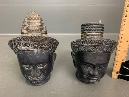 Pair of Vintage Hollow Bronze Cambodian Heads