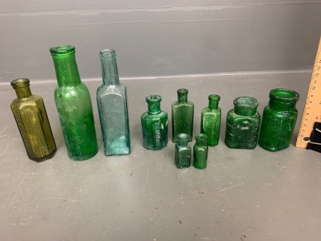 Collection of Antique and Vintage Green Glass Bottles inc. Poison, Household Etc