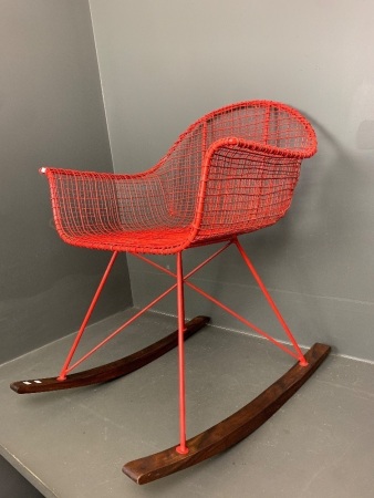 Eames Style Red Metal and Timber Rocker