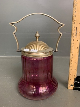 Vintage Silver Plate Mounted Cranberry Glass Cookie Jar