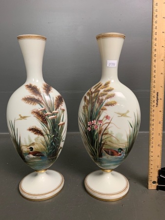 Pair of Victorian Hand Painted and Gilded Milk Glass Vases