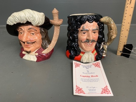 2 x Large Vintage Royal Doulton Toby Jugs - Porthos D6440 and Captain Hook - Character Jug of the Year 1994 D69947