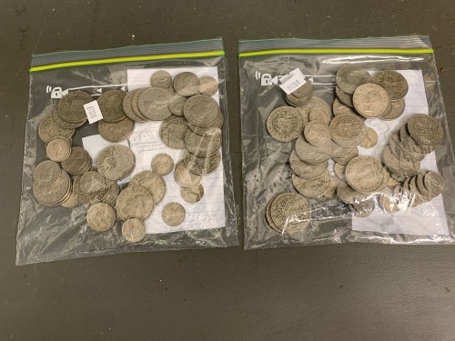 2 Bagged Lots of Similar NZ Pre-Decimal Coins inc. Half Crowns, Shillings and Sixpences - 96 Coins in Total