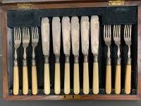 Antique Oak Boxed Set of Bone Handled Fish Cutlery - 2