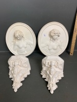 A Pair of Small Moulded Plaster Cherub Sconces + 2 French Oval Plaques in Relief Signed Clodion