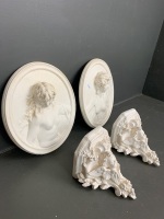 A Pair of Small Moulded Plaster Cherub Sconces + 2 French Oval Plaques in Relief Signed Clodion - 3