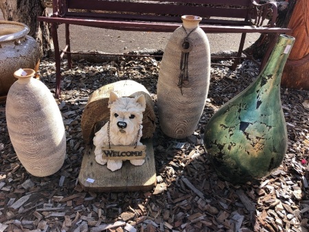3 Ceramic Vases & Dog Welcome Statue