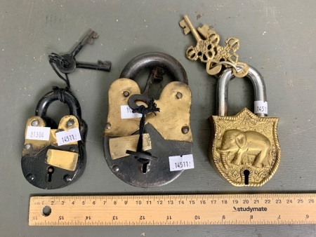 3 x Vintage Style Brass and Iron Padlocks inc. Keys