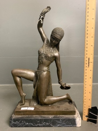 Art Nouveau Style Belly Dancer Bronze Figurine on Marble Plinth - Signed