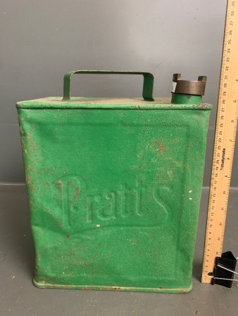 Vintage Painted and Embossed Pratts Fuel Can with Original Brass Screw Top