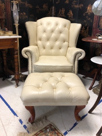 Q.Anne Style Wingback Leather Chesterfield Chair & Footstool
