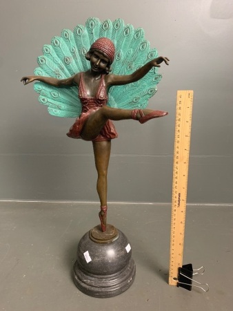 1920's Style Cold Painted Bronze Peacock Ballet Dancer Figurine with Marble Base -Signed