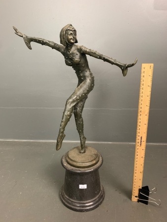 1920's Style Bronze Dancing Figuring on Grey Marble Base - Signed