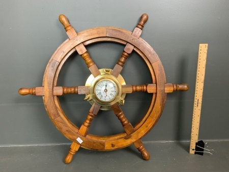 Mango Wood Ships Wheel with Porthole Style Brass Quartz Clock Mounted at Centre