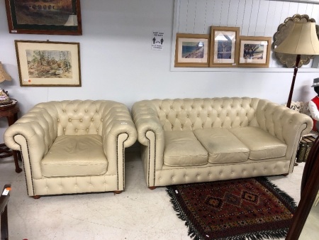 3 Seat + 1 Seat White Leather Chesterfields