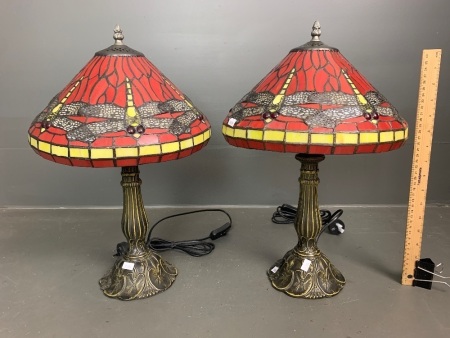 Pair of Decorator Tiffany Style Metal Based Stained Glass Dragonfly Table Lamps