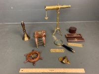 Asstd Lot of Nautical Themed Brass and Timber Items inc. Mini Telescope, Boxes, Bosun's Call, Bell, Signs Etc.