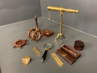 Asstd Lot of Nautical Themed Brass and Timber Items inc. Mini Telescope, Boxes, Bosun's Call, Bell, Signs Etc. - 2