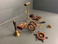 Asstd Lot of Nautical Themed Brass and Timber Items inc. Mini Telescope, Boxes, Bosun's Call, Bell, Signs Etc. - 3