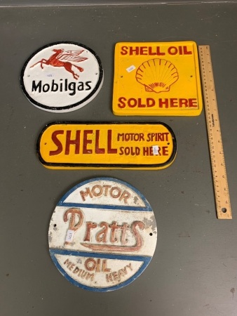 4 Asstd Vintage Style Cast Iron Motoring Wall Plaques inc. Shell, Mobil Etc