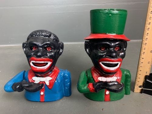 2 Contemporary Cast Iron Caricature Money Boxes